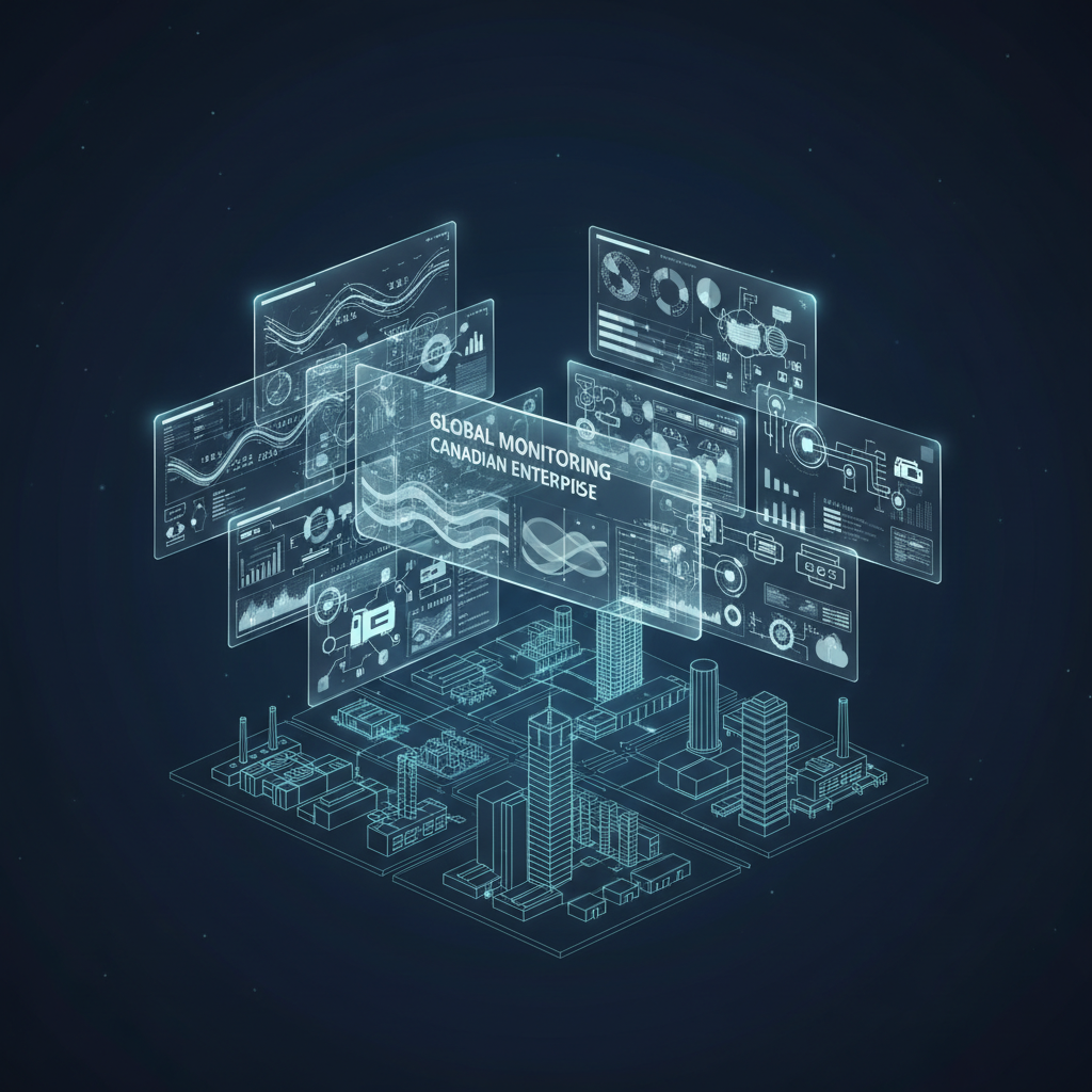 An ultra-modern control hub interface floats in midair, composed of layered translucent panels displaying abstract dashboards, flowing data ribbons, and stylized machine icons, illuminated by cool white and cyan holographic glows against a deep navy gradient background.