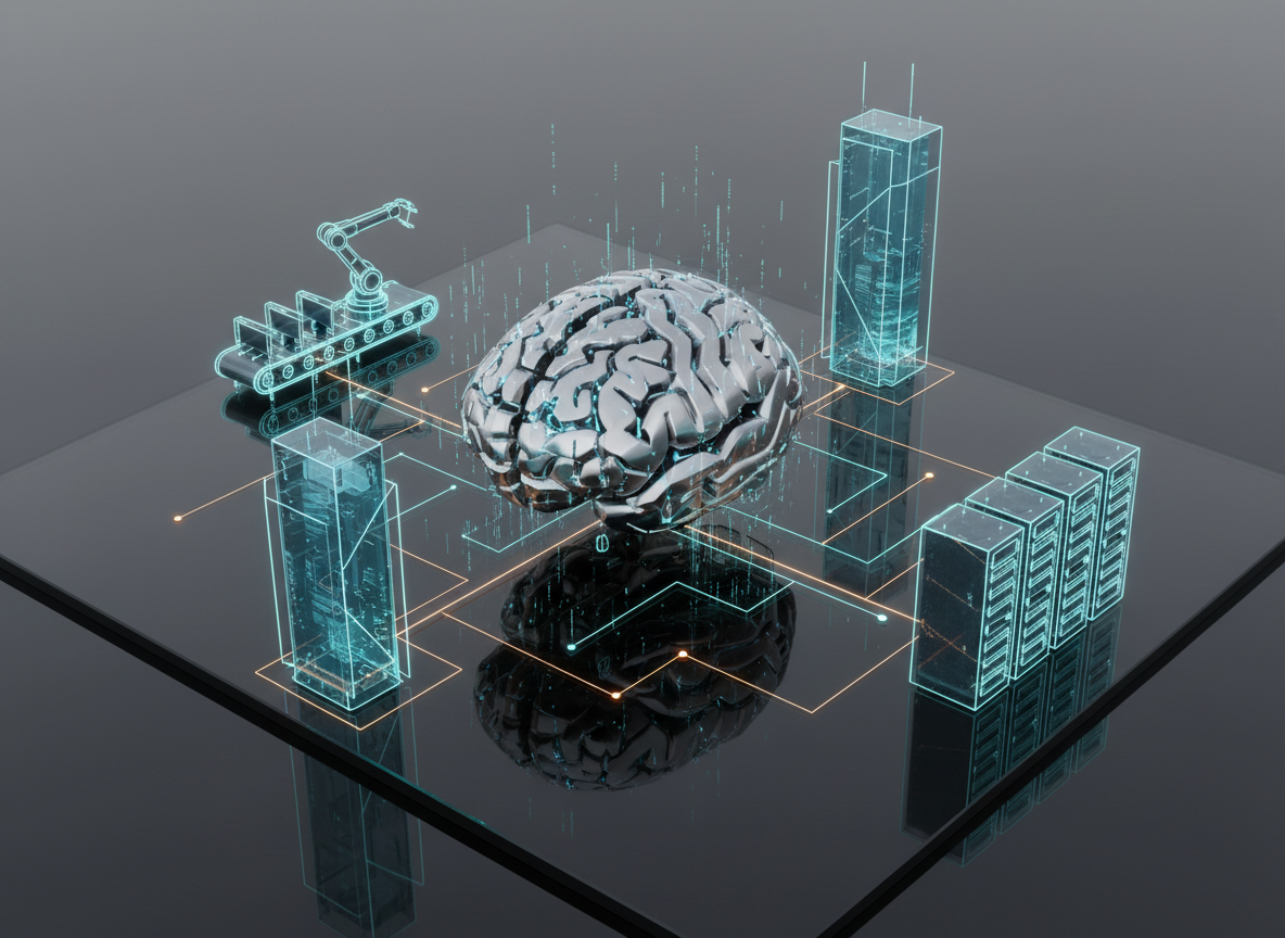 A sleek, stylized digital brain made of interlocking metallic circuits and translucent data streams hovers above a reflective dark glass surface. Around it, abstract geometric representations of factory lines, office towers, and data centers subtly emerge as glowing outlines, suggesting global industrial and business automation. Cool blues and teals dominate, accented with precise amber highlights. Soft, focused studio-style lighting creates crisp reflections and gentle gradients, giving the scene a polished, professional feel. Shot from a slightly elevated, three-quarter angle with sharp focus throughout, the composition centers the brain while radiating fine lines of light outward, evoking intelligent monitoring, analytics, and AI-powered decision-making in a modern digital-art style.