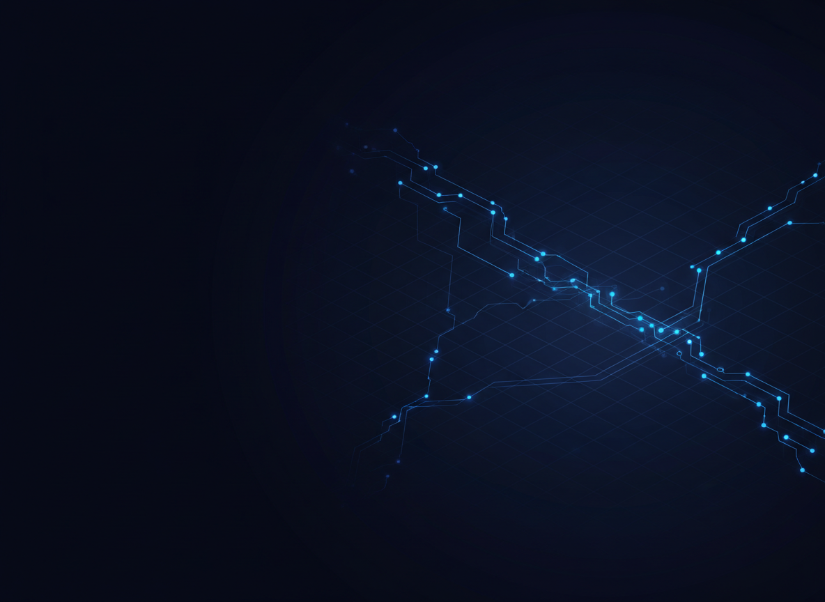 Abstract dark navy technology background with a glowing blue network of connected data points and circuit lines