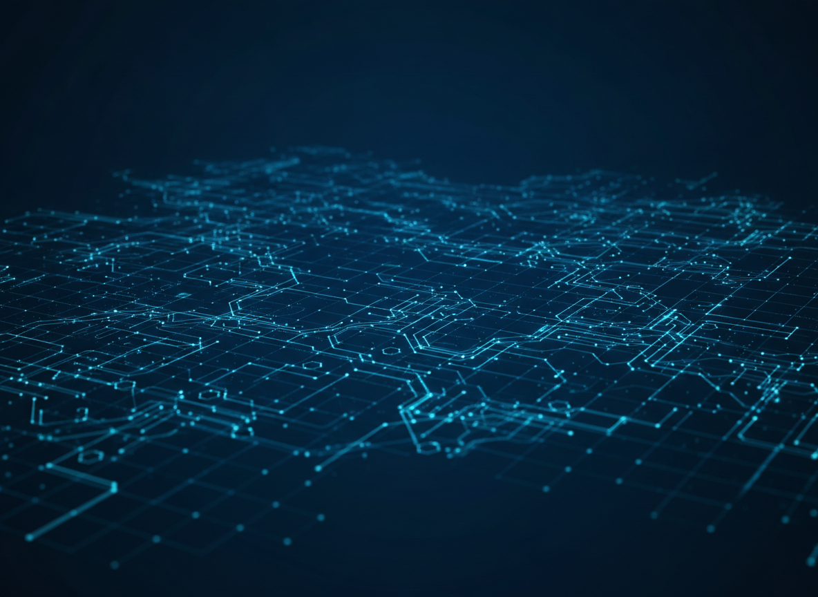 Abstract dark navy digital infrastructure background with illuminated circuit pathways and connected node networks